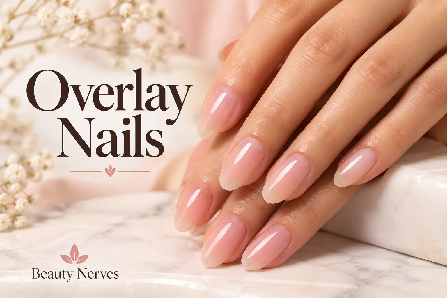Overlay nails on natural nails with a glossy finish, showing elegant nail care.