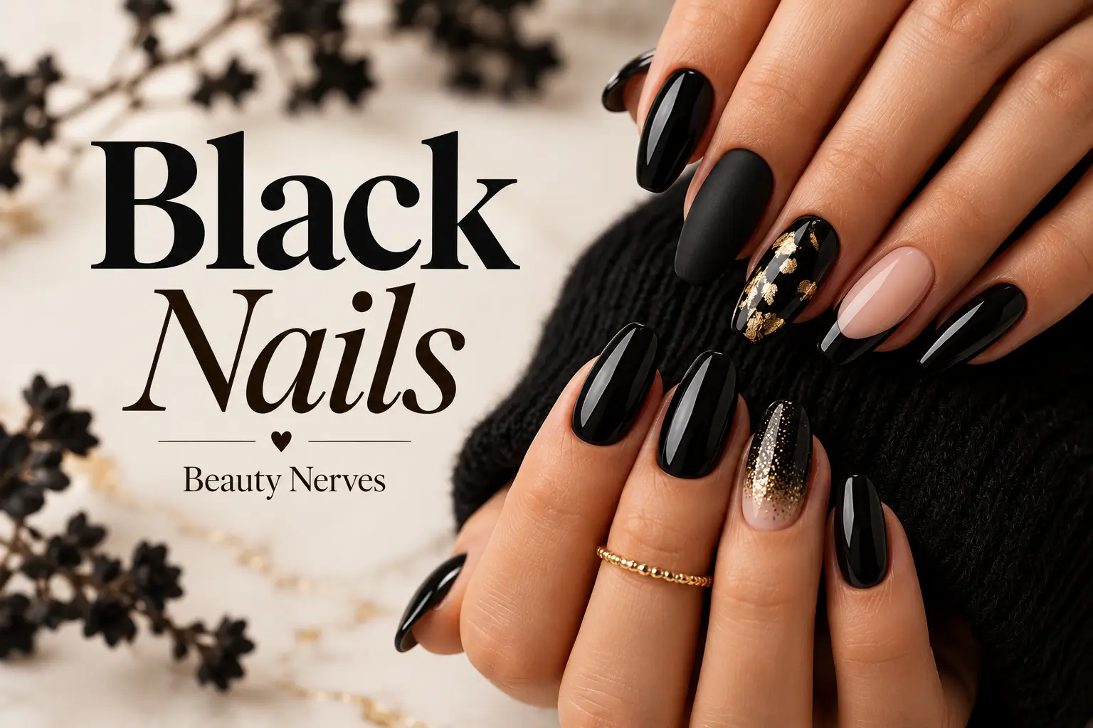 Glossy black nails with elegant designs, matte finishes, chrome accents, and French tips.