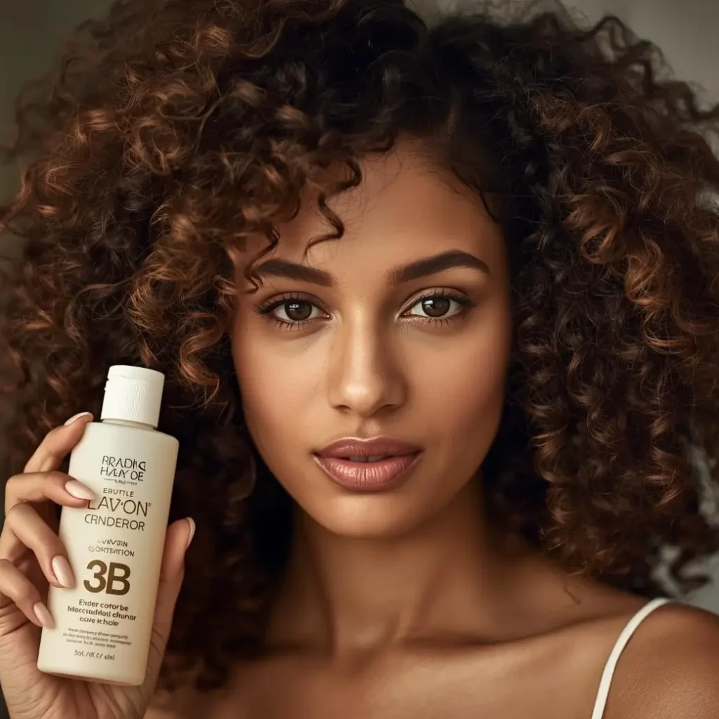Woman with voluminous 3B curly hair holding a leave-in conditioner bottle, shown in a close-up beauty portrait.