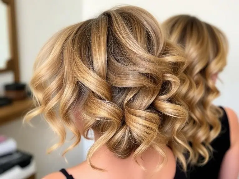 Blonde shoulder-length wavy bob hairstyle with soft loose curls and warm balayage highlights, shown from the back in a salon setting.