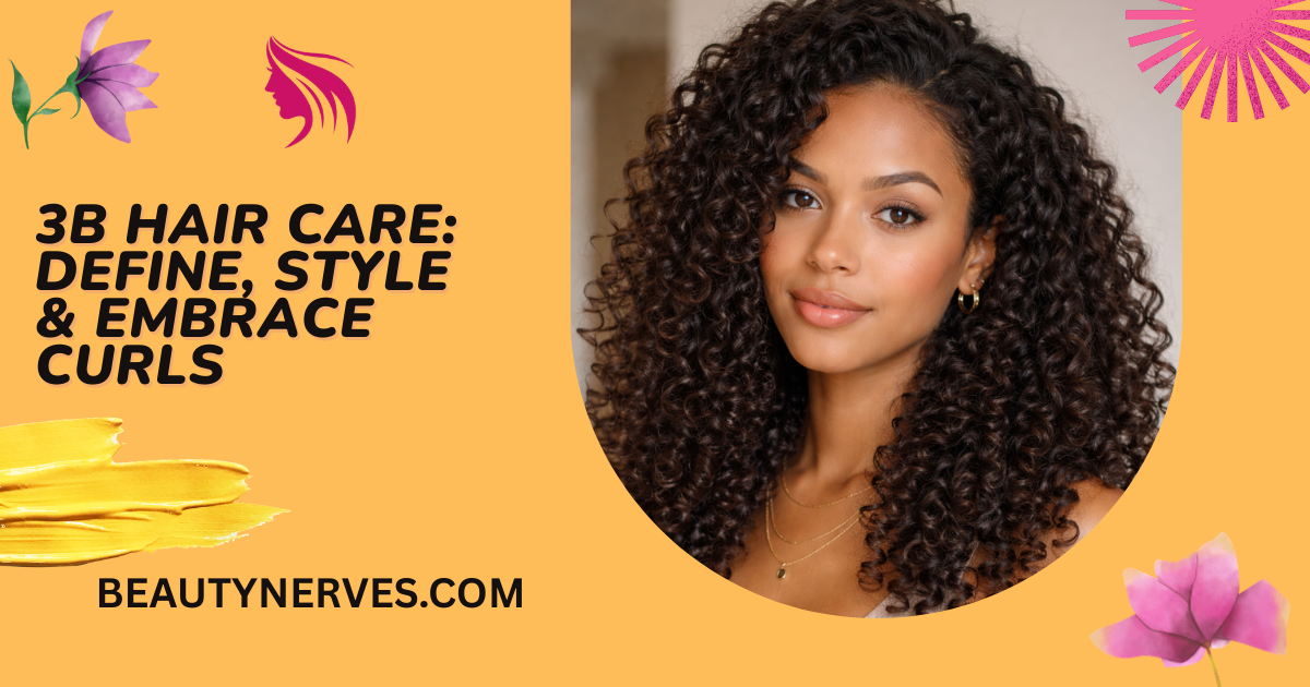 3B Hair Care: A woman with voluminous, defined 3B curls wearing a beige ribbed tank top and delicate gold jewelry. The background is yellow with floral accents, promoting a website for embracing natural curls.