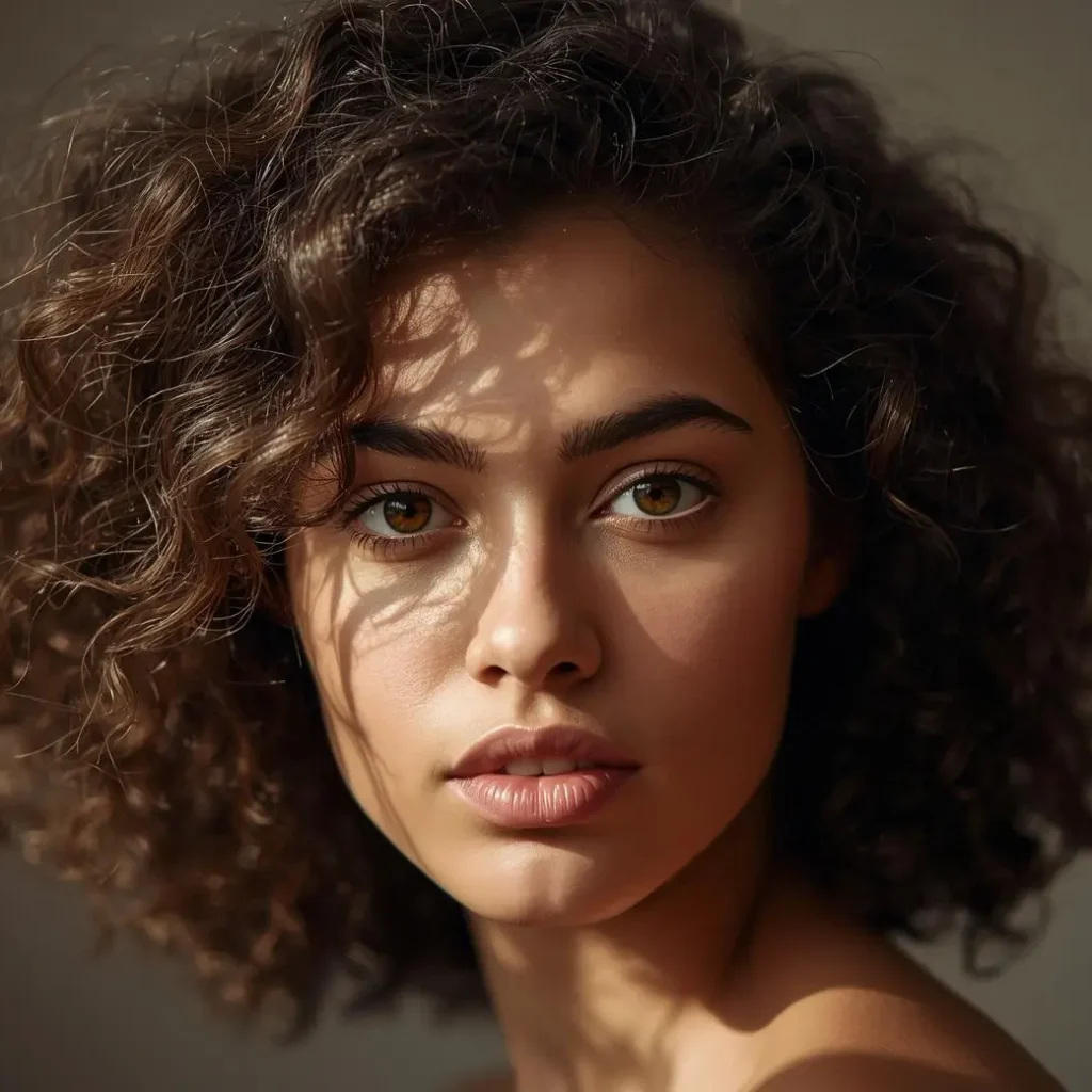 Close-up portrait of a woman with fine 3B curly hair, soft natural makeup, and warm sunlight casting shadows across her face.