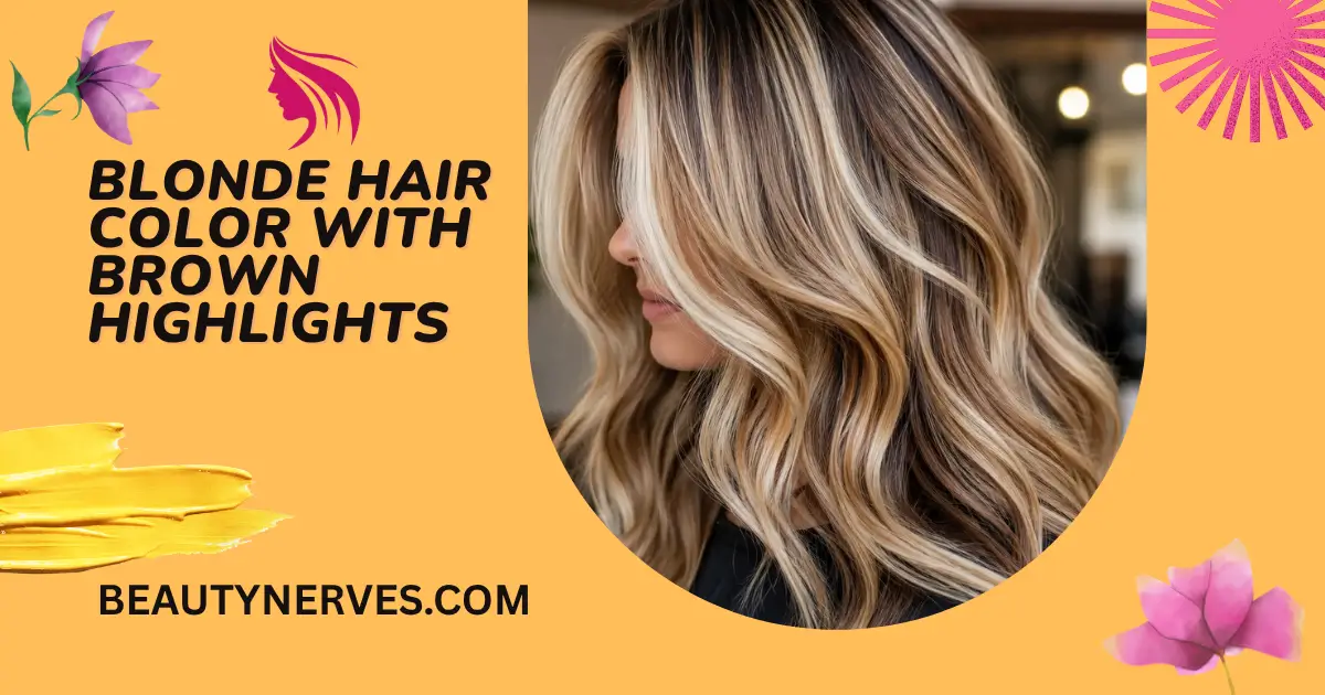 Blonde hair color with brown highlights featuring soft waves, natural dimension, and blended tones in a modern salon setting.