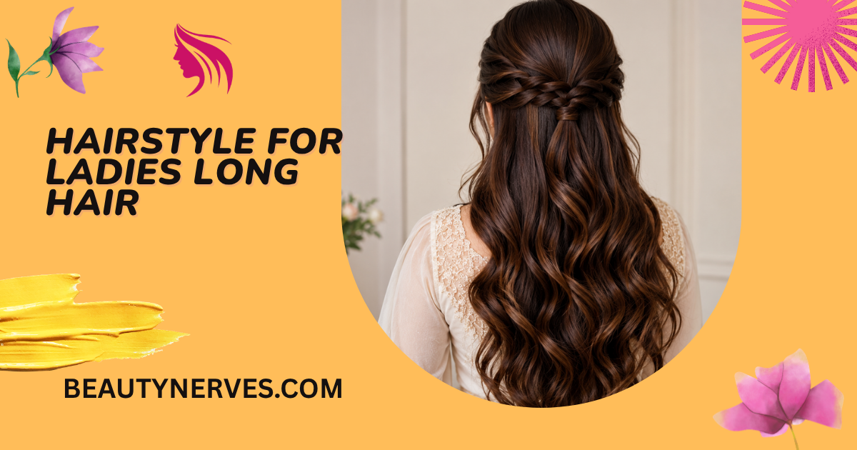 Hairstyle for ladies long hair with soft waves and a half-up braid.
