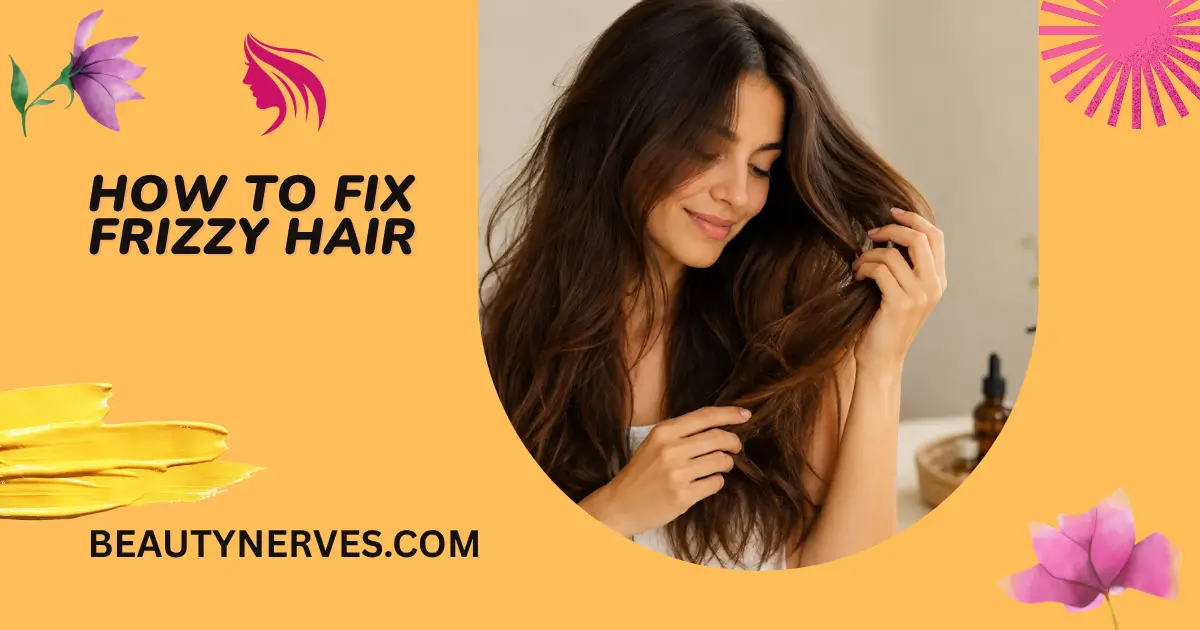 How to Fix Frizzy Hair: Woman with smooth, healthy, frizz-free long hair after using simple daily hair care tips in a bright indoor setting.