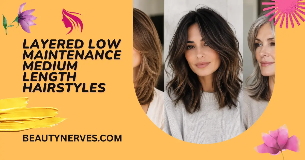 Layered low maintenance medium length hairstyles with soft face-framing layers.