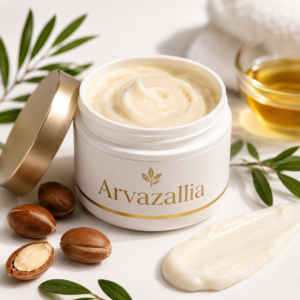 Arvazallia Hydrating Argan Oil Hair Mask & Deep Conditioner on white background with argan nuts, green leaves, and creamy texture