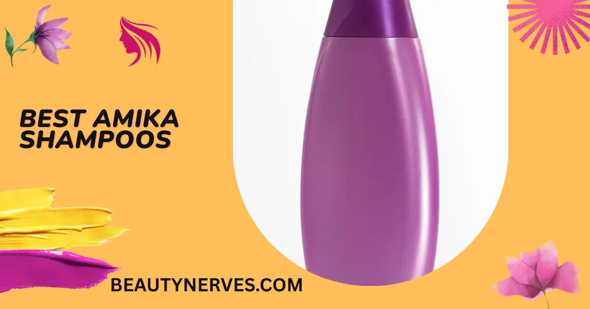 Best Amika Shampoos promotional graphic featuring a purple Amika shampoo bottle on a yellow background with the text "Best Amika Shampoos" and BeautyNerves.com branding.