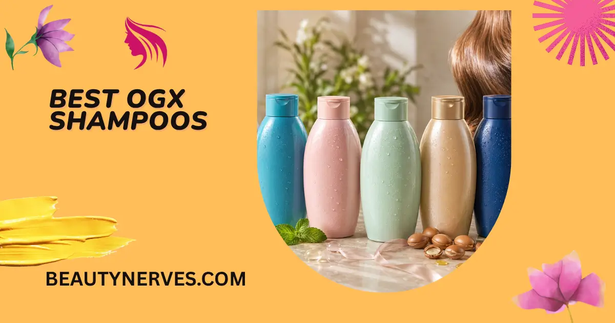 Best OGX Shampoos with colorful bottles beside smooth and shiny hair image.