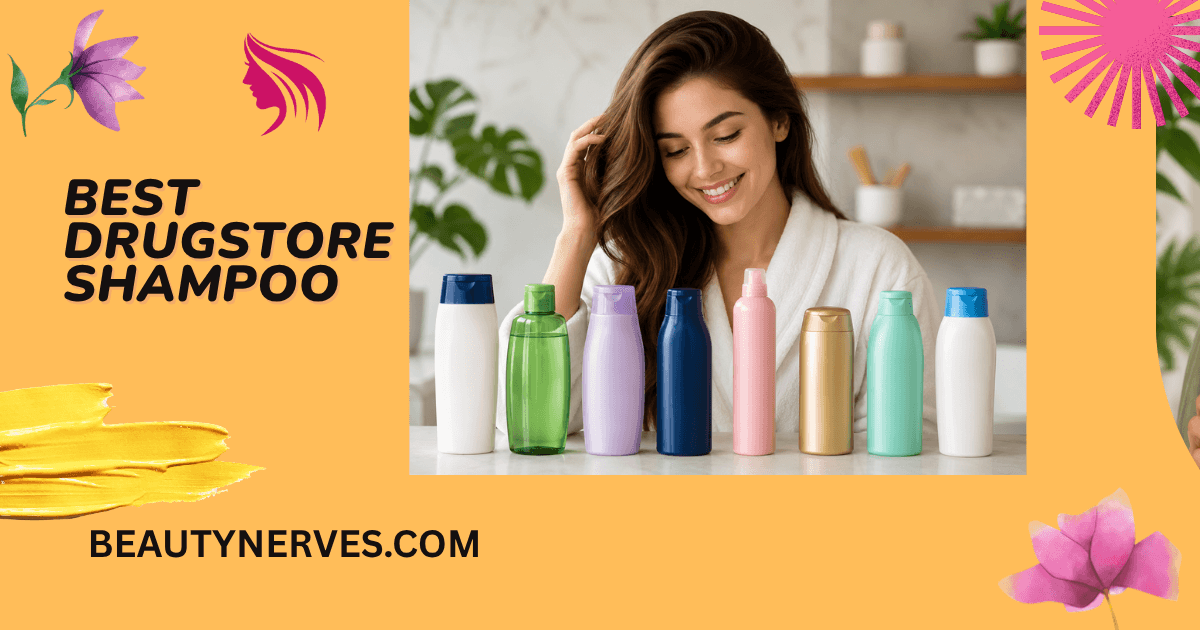 Young woman with long healthy hair comparing eight shampoo bottles in a bright bathroom.