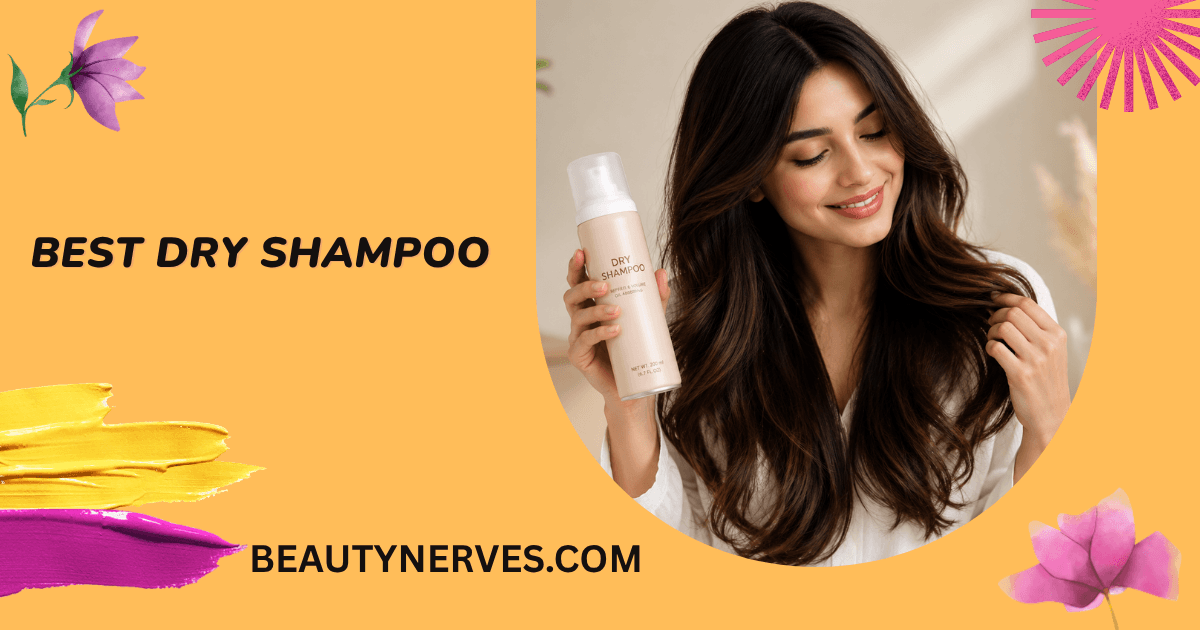 Woman holding dry shampoo bottle with long healthy hair for a fresh hair care routine