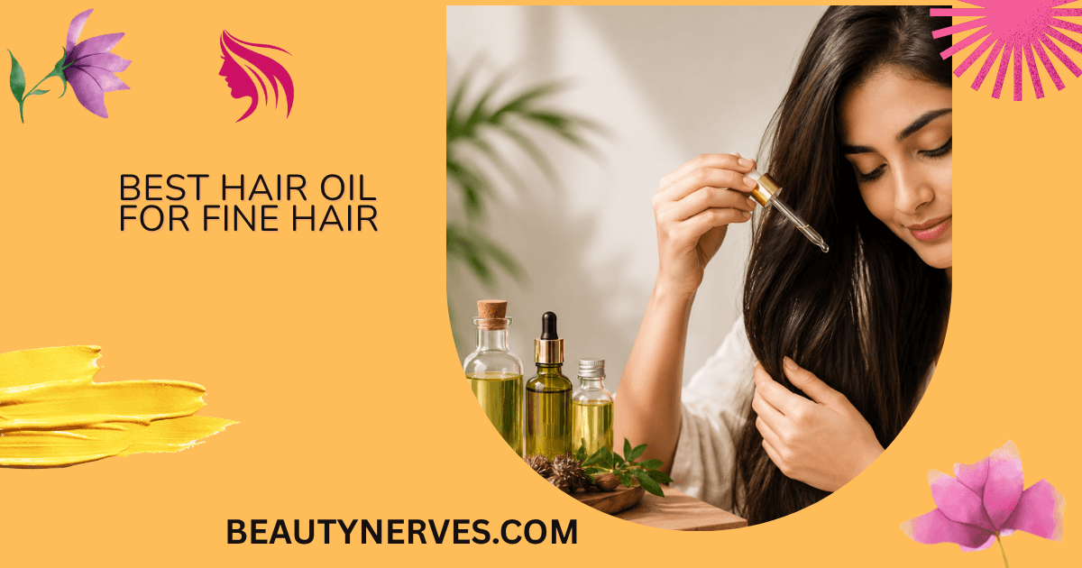Best Hair Oil for Fine Hair-Woman applying lightweight hair oil to fine hair with natural oils on a wooden table.