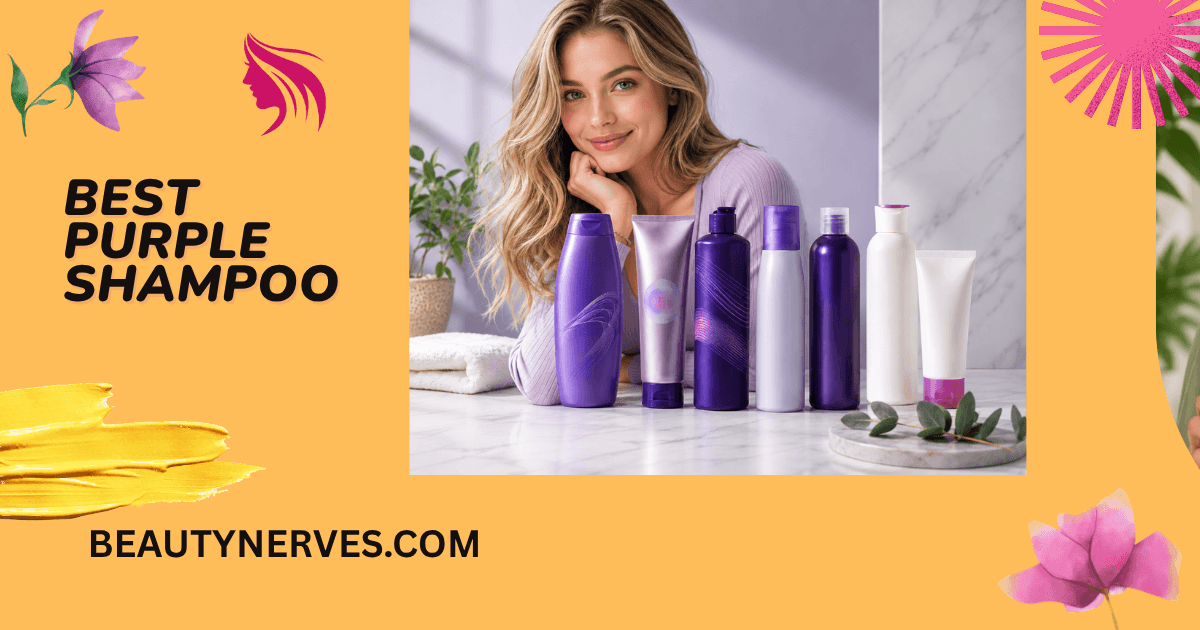 Blonde woman posing behind a collection of purple shampoo and hair-care bottles on a bright marble counter.