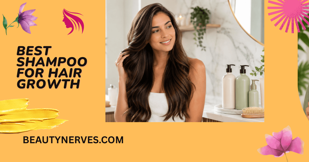 Woman with long, healthy hair beside shampoo bottles in a bright bathroom, representing the best shampoo for hair growth and stronger-looking hair.