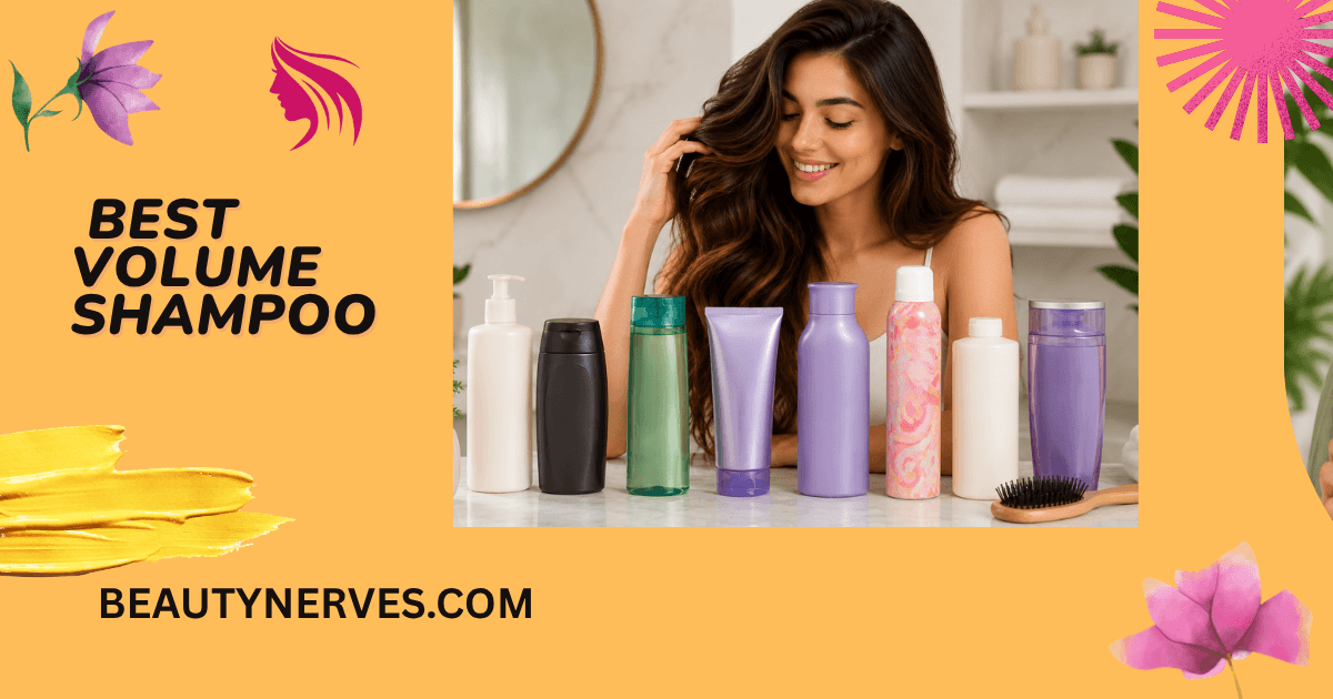 Woman with thick, voluminous brown hair sitting behind text-free shampoo bottles in a bright bathroom, representing the best volume shampoo for fine and flat hair.