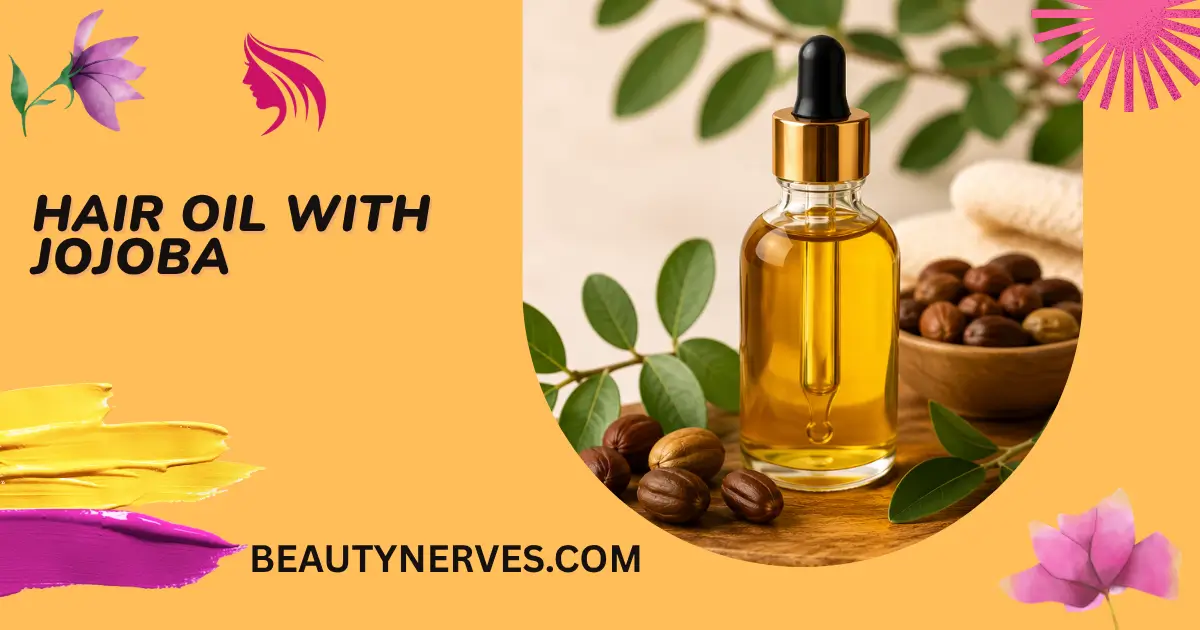 Hair Oil with Jojoba infographic featuring a bottle of pure jojoba oil with jojoba seeds and leaves, highlighting natural hair care for healthy, soft, and shiny hair.