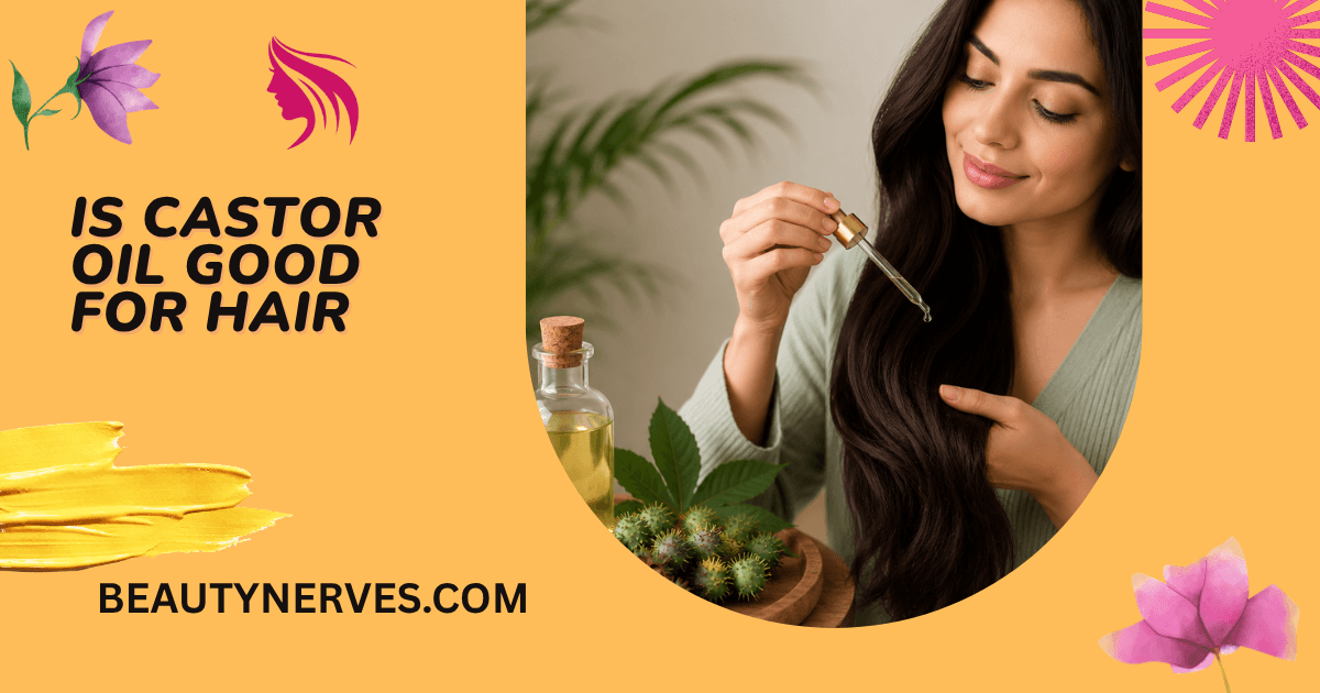 Is Castor Oil Good for Hair with woman applying castor oil to long hair
