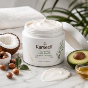Karseell Collagen Hair Mask in elegant white jar with argan oil and coconut