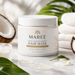 MAREE Deep Conditioning Hair Mask with coconut oil on marble surface
