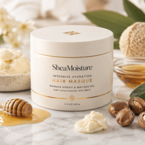 Elegant matte ivory SheaMoisture Intensive Hydration Hair Masque jar on a white marble surface with shea butter, honey, mafura seeds, baobab leaves, and botanical elements in soft natural light.
