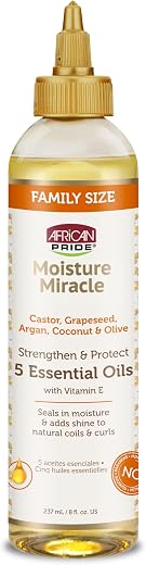 African Pride Moisture Miracle 5 Essential Hair Oils with Vitamin E | Moisture, Shine, Protection, and Growth | Argan, Castor, Grapeseed, Coconut, and Olive Oil | 8 oz