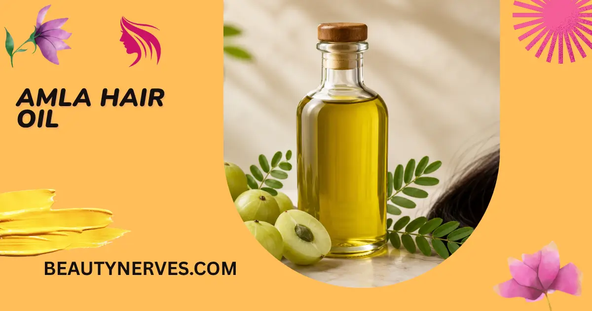 Amla hair oil bottle with fresh amla fruit and glossy dark hair visual