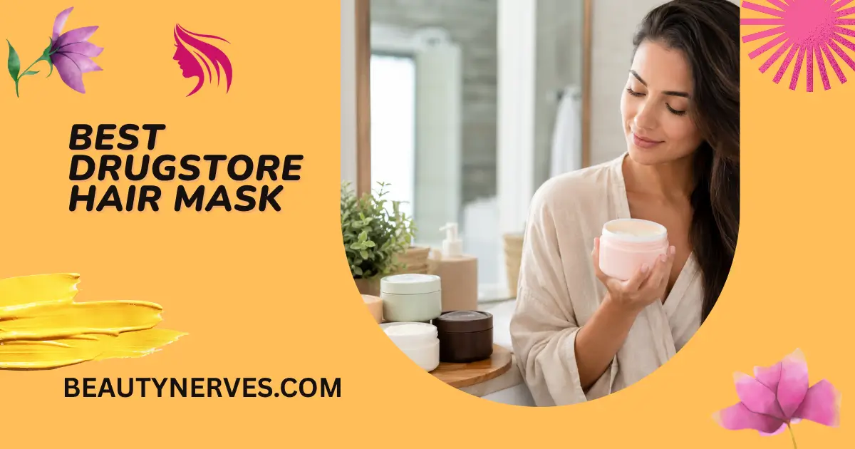 Best drugstore hair masks beside a woman holding a pink treatment jar.