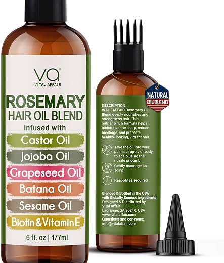 Blend Of Pure Rosemary Oil For Hair Growth With Castor, Batana, Jojoba Oil-Infused With Biotin & Vitamin E-Blend of Effective Hair Oils for Hair Growth-Strengthening Treatment-By Vital Affair-6 Fl Oz