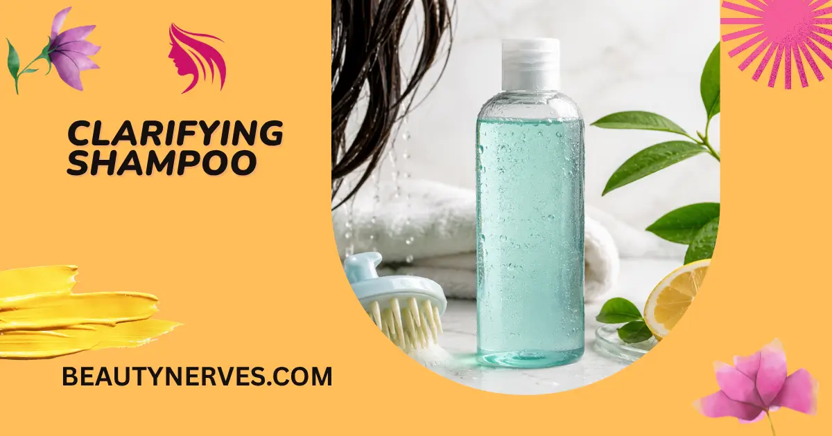 Clarifying shampoo bottle beside scalp brush, lemon, and green leaves.