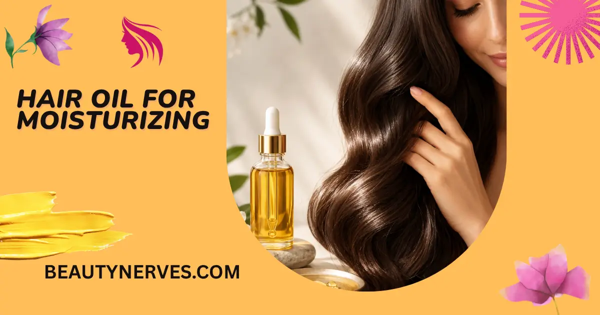 Hair oil for moisturizing, glossy hair and golden bottle close-up shot