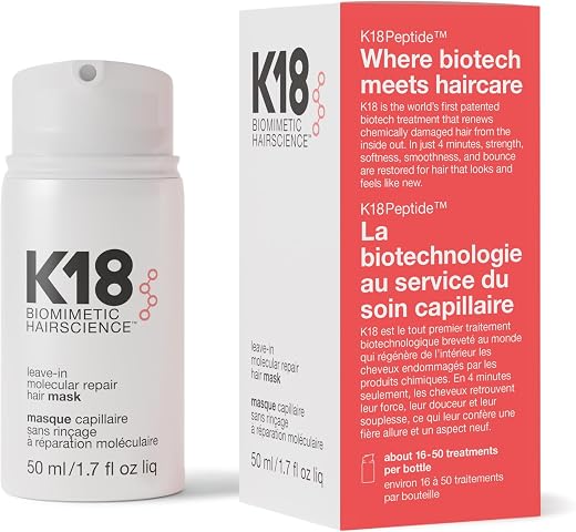 K18 Leave-In Molecular Repair Hair Mask, Patented, Lasting Repair For Dry, Frizzy, Damaged Hair, Reverse Damage In 4 Minutes From Bleach, Color, Chemical Services + Heat