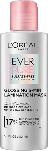 L'Oreal Paris Sulfate Free Glossing Lamination Hair Mask, 5-Minute Rinse-Off Hair Treatment with Glycolic Acid for Glass Shine, Smoothness & Soft Feel, Color Caring, EverPure, 5.1 Fl Oz