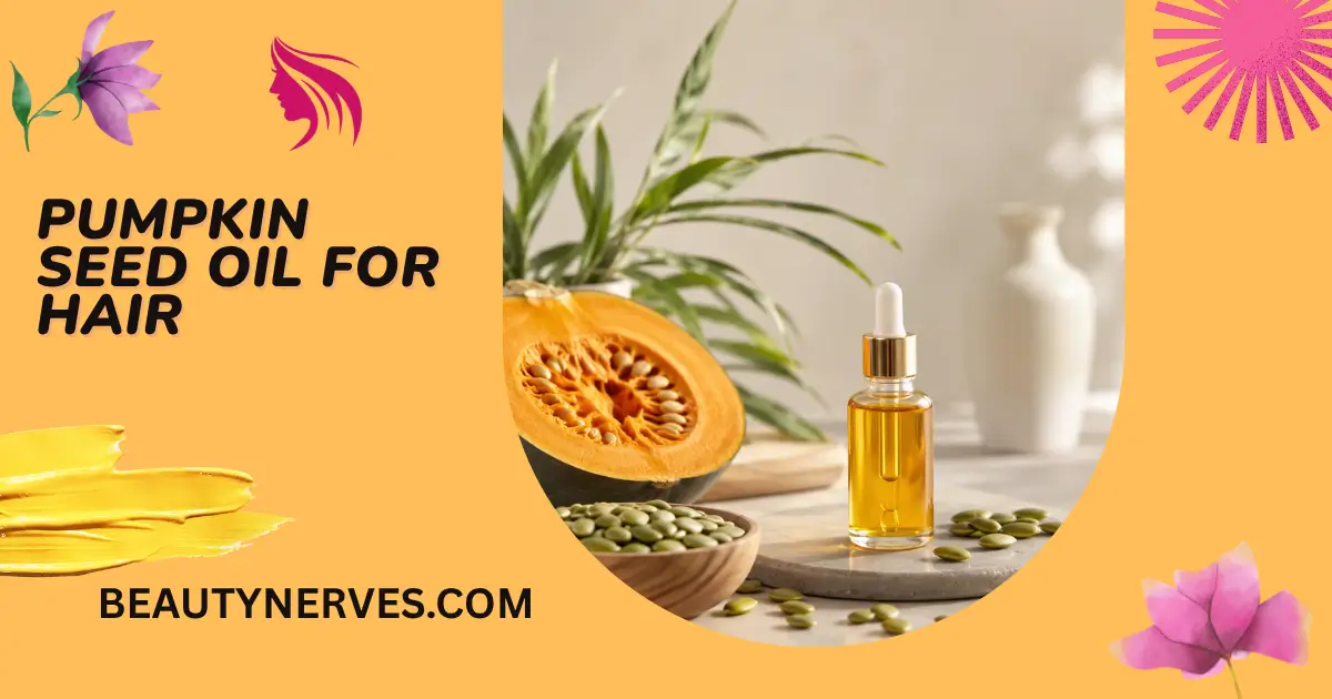 Pumpkin seed oil for hair with pumpkin seeds and golden dropper bottle