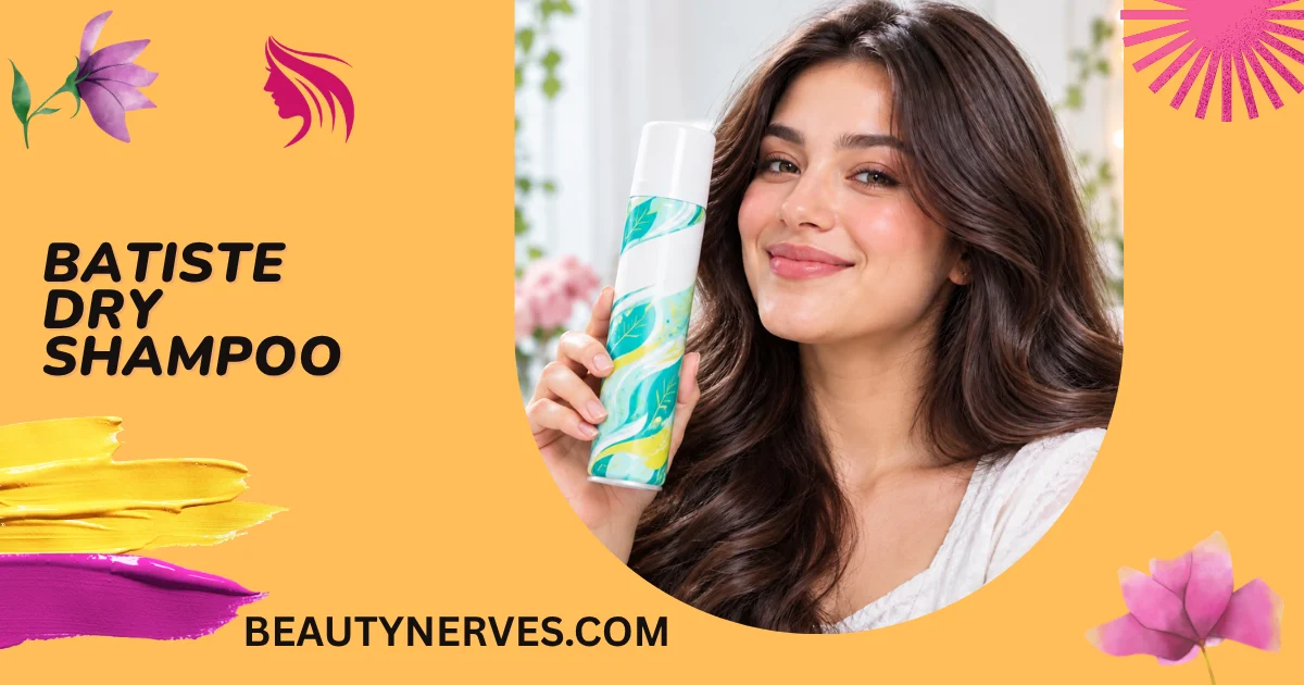 Woman holding a Batiste Dry Shampoo bottle with healthy, voluminous hair in a bright modern beauty setting.