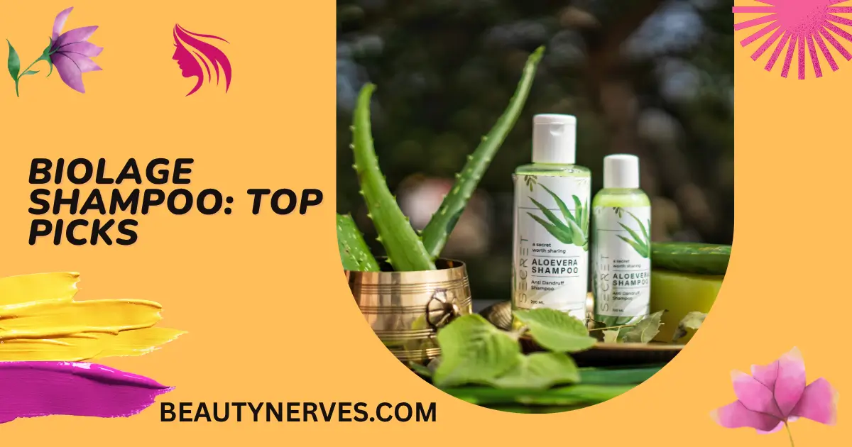 Biolage Shampoo: Top Picks featuring aloe vera shampoo bottles, fresh aloe leaves, floral accents, and the BeautyNerves.com logo on a soft peach background.