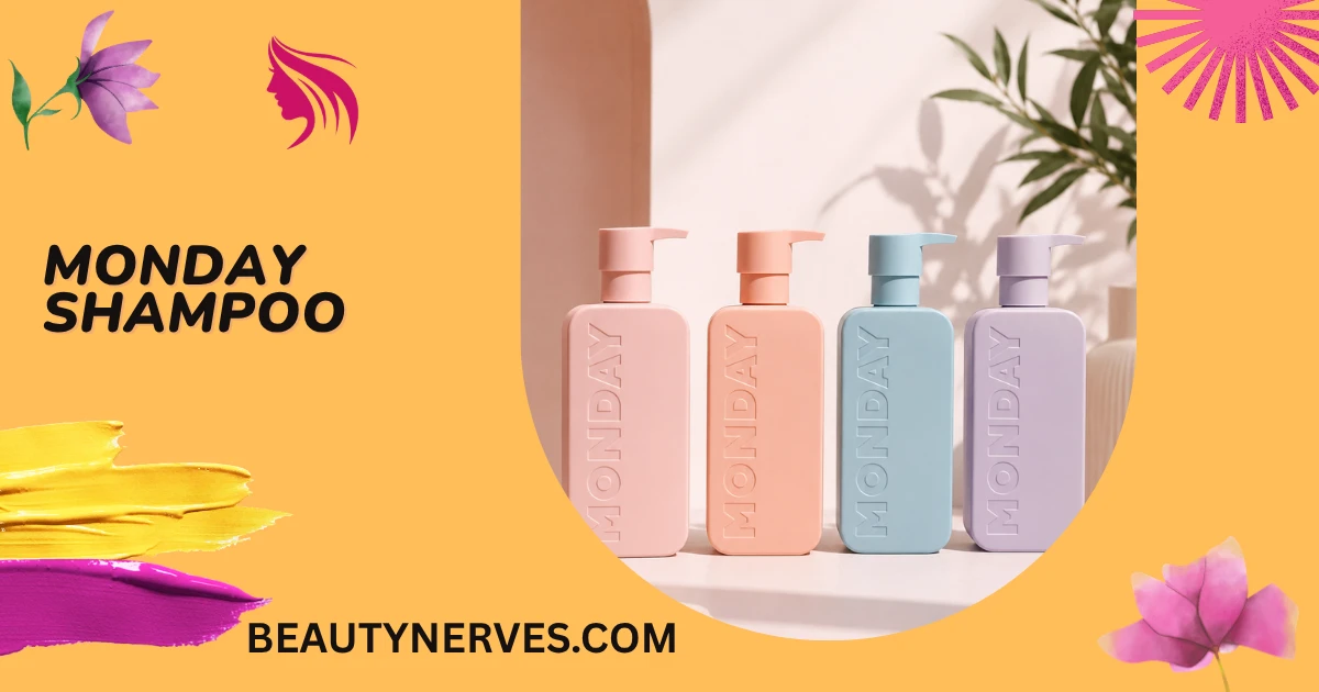 MONDAY Shampoo bottles in pastel colors arranged on a minimalist bathroom counter