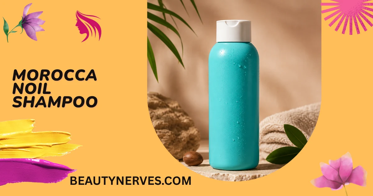 Moroccanoil Shampoo bottle with water droplets, green leaves, stones, and a soft beige towel