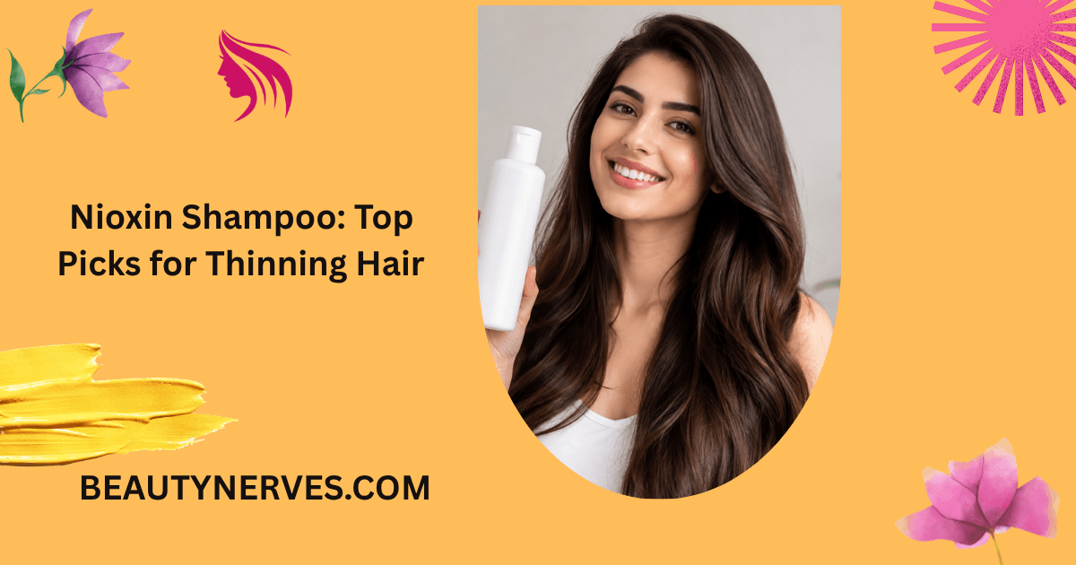 Woman holding a Nioxin Shampoo bottle with healthy, shiny hair against a clean, bright background.