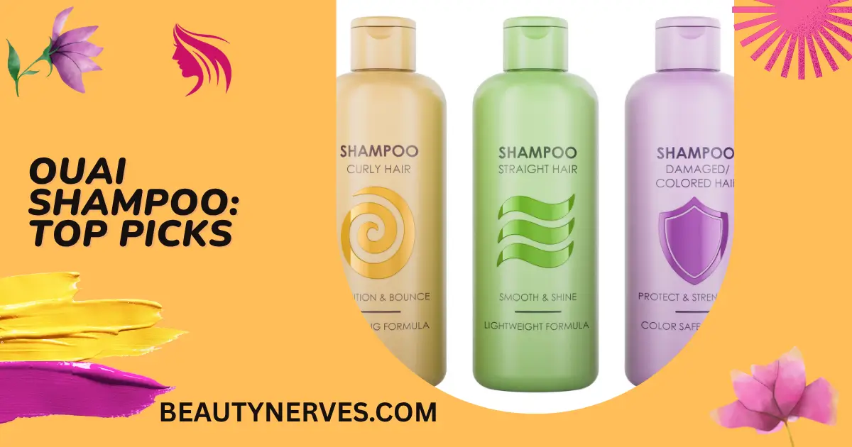 OUAI shampoo top picks with three shampoo bottles for curly, straight, and damaged or colored hair.