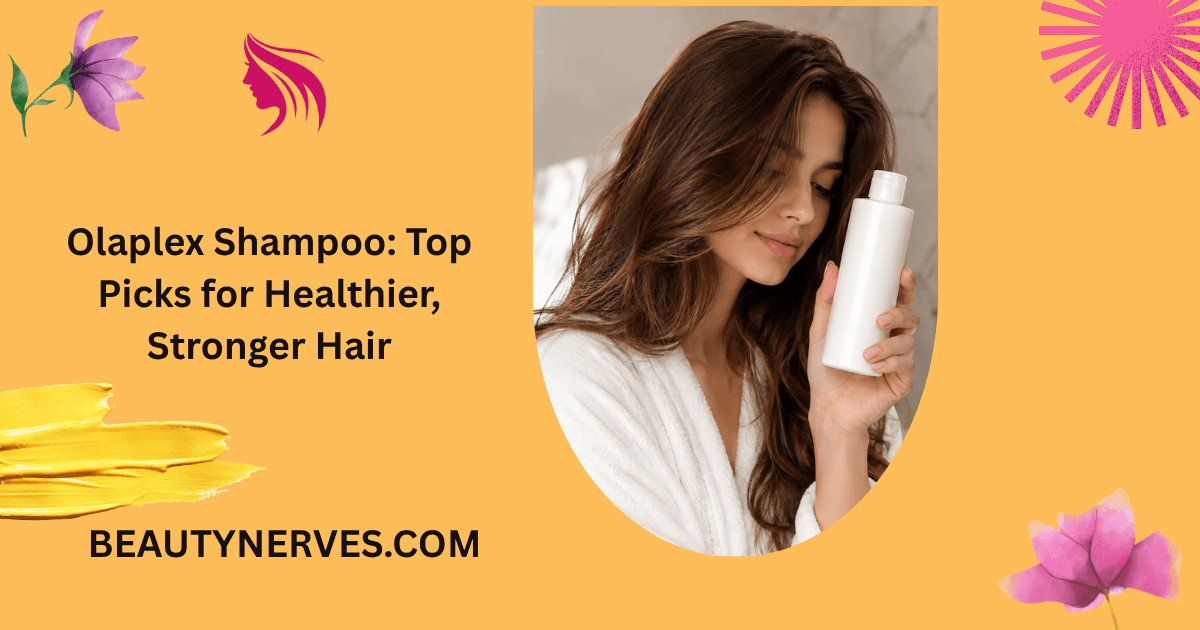 Olaplex_Shampoo. Woman holding a shampoo bottle with healthy, shiny hair in a bright, modern bathroom.