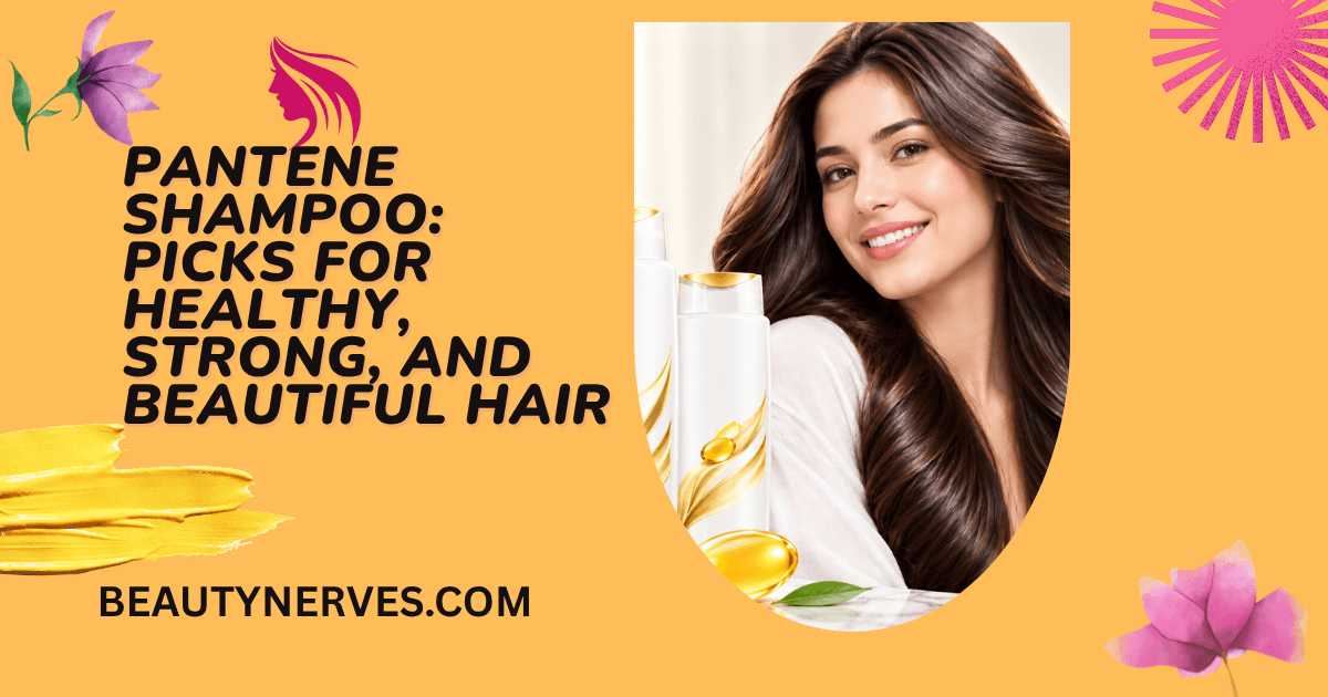 Woman with long shiny hair beside sleek shampoo bottles in a bright, luxurious beauty setting.