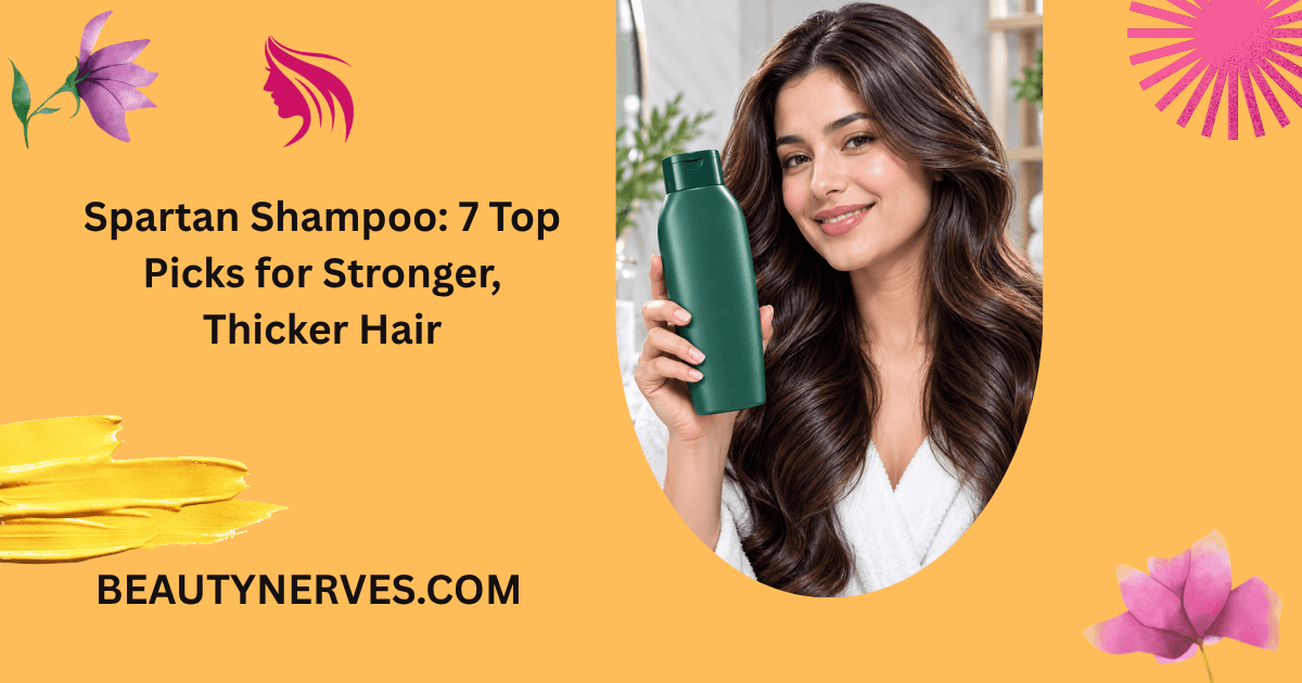 Woman holding Spartan Root Activator Shampoo with long healthy shiny hair in a bright bathroom