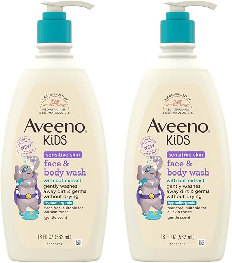 Aveeno Kids Sensitive Skin Face & Body Wash, 2 Pack, 2 x 18 fl. oz | Gently Washes Away Dirt & Germs Without Drying, Oat Extract, Tear-Free, Hypoallergenic