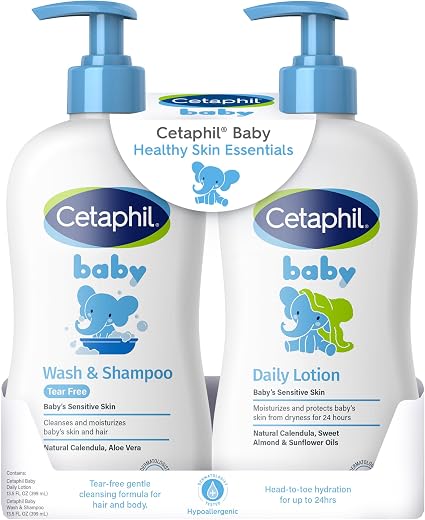 Cetaphil Baby Wash & Shampoo + Lotion, Sensitive Skin, 13.5oz, 2ct | Hypoallergenic, Tear-Free, Gentle For Newborns, 24-Hour Hydration, Dermatologist-Tested, Baby Skincare Essentials Bundle
