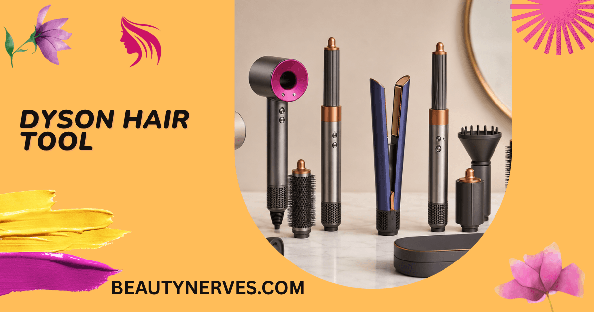Premium hair styling tools and attachments arranged on a marble vanity, including a hair dryer, straightener, curling barrels, diffuser, and volumizing brushes.