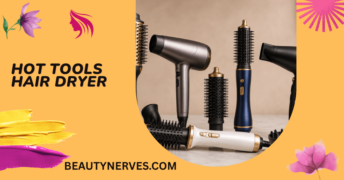 Collection of hair dryers, hot air brushes, round brush stylers, and a diffuser arranged on a modern marble vanity.