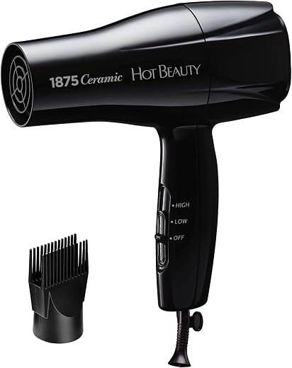 Hot Beauty 1875 Ceramic Hair Dryer, Powerful Fast Drying, Multi-Setting with Comb Attachment, Additional Detangler Included, Slide Bar Switch, Compact for Home & Travel (Black)