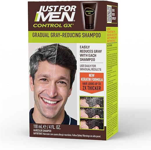 Just for Men Control GX Gray Reducing Shampoo, Keratin, 4 Fl Oz (1 Pack) | Control GX multi-patented formula gradually reduces gray with each shampoo. Keratin strengthens and thickens hair.
