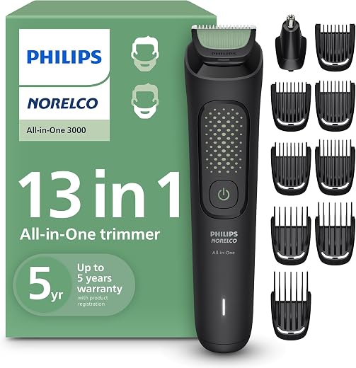 Philips Norelco All-in-One 3000 Series 13 in 1 Trimmer, Beard Styler & Men's Hair Clipper, 9 Length Settings & Self-Sharpening Skin-Friendly Blades, MG3919/50