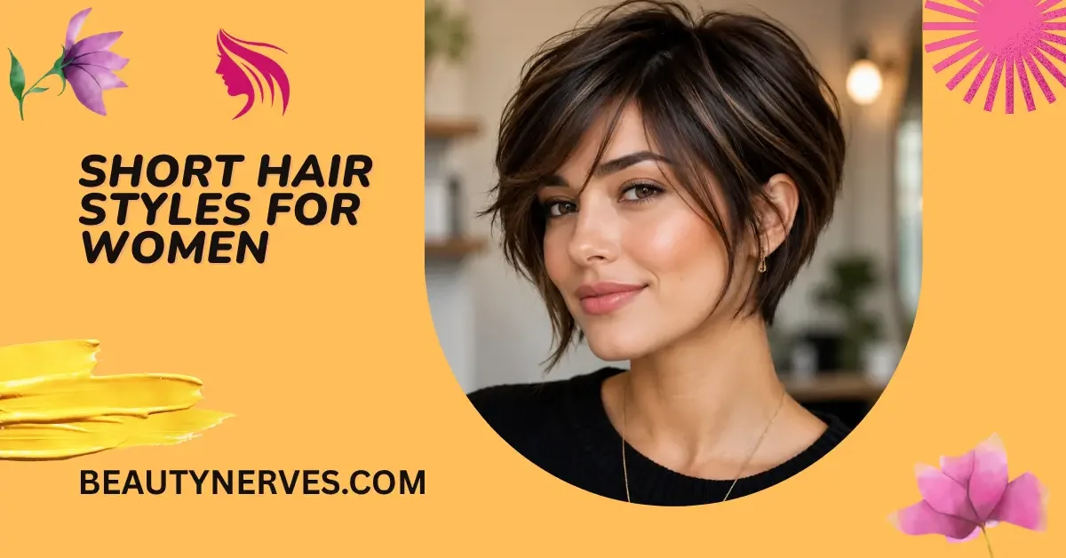 short hair styles for women featuring a modern layered bob haircut with side-swept bangs, soft texture, and a natural salon-style portrait.